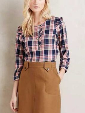Isabella Sinclair | Anthropologie Flannel Plaid Pullover 1/4 Button Top Small
